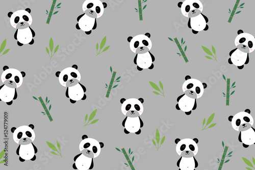 Cute panda pattern with bamboo tree isolate on grey background. Creative for print  screen  wallpaper  textile or cover.Vector.Illuatration.