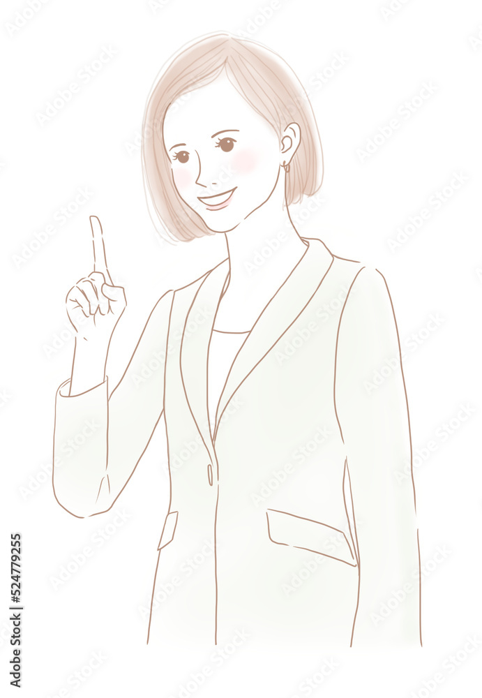 人差し指を立てるポーズをするスーツ姿の女性