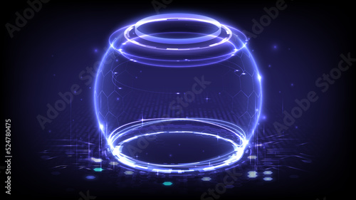 Portal and hologram time machine. Sci-fi digital hi-tech in glowing HUD projector. Magic gate in game fantasy. Circle teleport podium. Barrier of security privacy safe concept. Glowing sphere