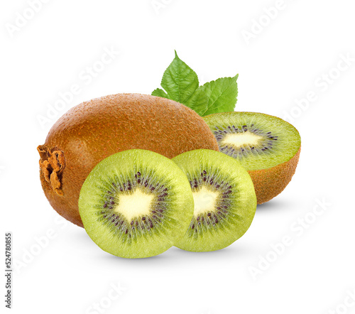 Fresh Kiwi fruit with leaves isolated on transparent background (.PNG)