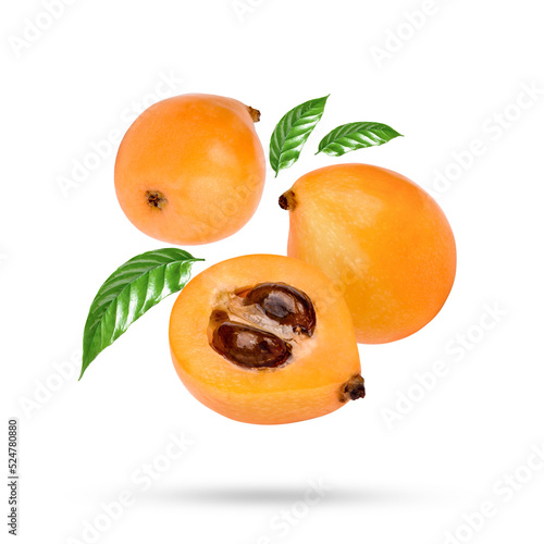 Half and whole ripe loquat fruits with leaves isolated on transparent background (.PNG)