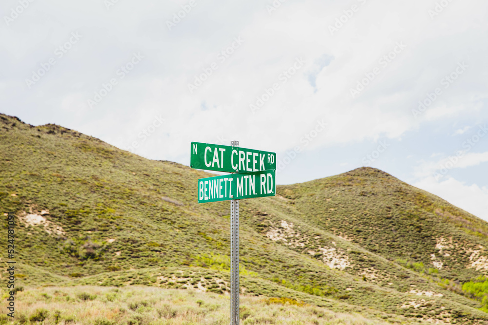 Street signs, Cat Creek Rd. at Bennett Mtn. Rd. between Prairie and Fairfield, Idaho. Street signs, Cat Creek Rd. at Bennett Mtn. Rd. between Prairie and Fairfield, Idaho.