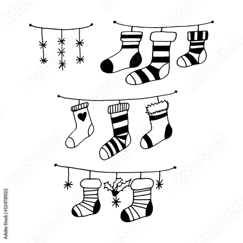 socks for christmas gifts set. hanging decor hand drawn in doodle style.