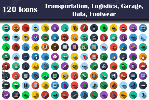 120 Icons Of Transportation, Logistics, Garage, Data, Footwear
