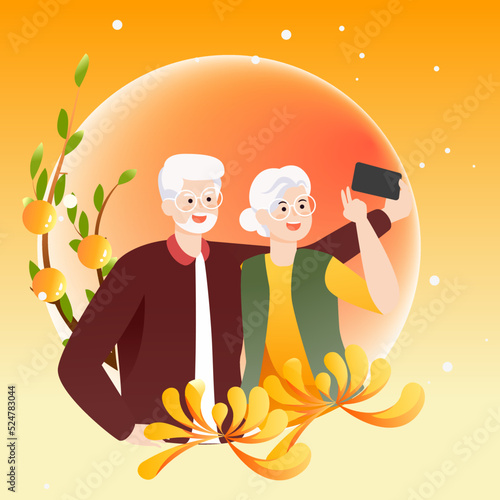 Double ninth festival, elderly couple climbing mountains with chrysanthemums and mountains in the background, vector illustration