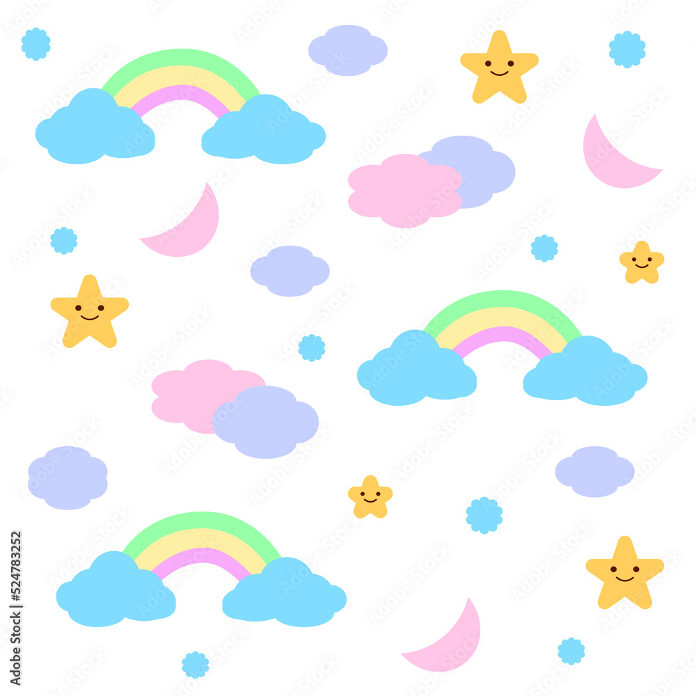 Seamless vector pattern with pastel color rainbows and star for fabric textile wallpaper apparel wrapping.