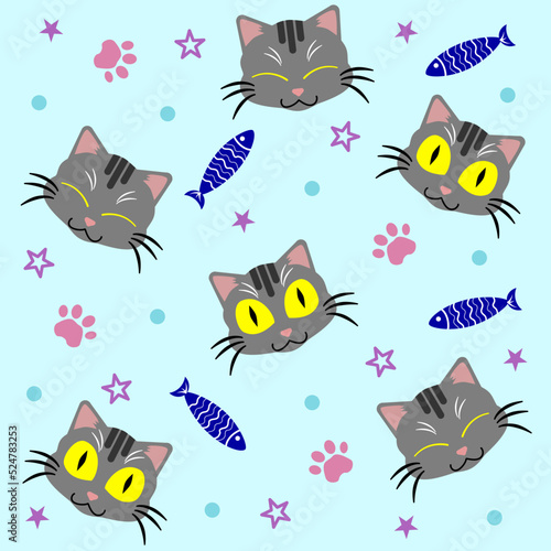 Seamless pattern with cat cartoons, fish, and footprint on pastel green background.