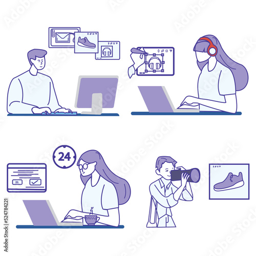 Web designer modern flat concept for web banner design. Man working with website layout places images and other graphic elements, optimized page code. Vector illustration with isolated