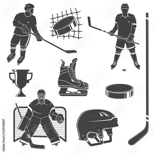 Set of ice hockey player and equipment icon. Vector illustration. Set include: player, helmet, sticks, goalkeeper, puck and skates silhouettes. Elements for badge, logo design