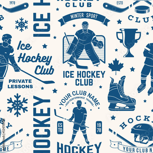 Ice hockey club seamless pattern in retro style. Vector illustration. Background, wallpaper, seamless pattern with player, helmet, sticks, goalkeeper, pick and skates silhouette.