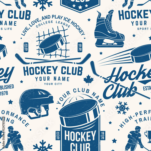 Ice hockey club seamless pattern in retro style. Vector illustration. Background, wallpaper, seamless pattern with player, helmet, sticks, goalkeeper, pick and skates silhouette.