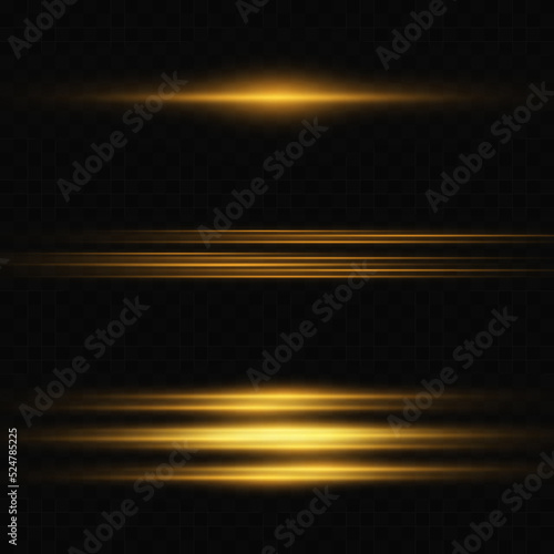 Set of golden horizontal highlights. Laser beams, horizontal light beams. Beautiful light flashes. Glowing stripes on a transparent background. Glowing abstract glitter background with lined.