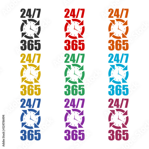 24 on 7 timing badge symbol icon. Set icons colorful
