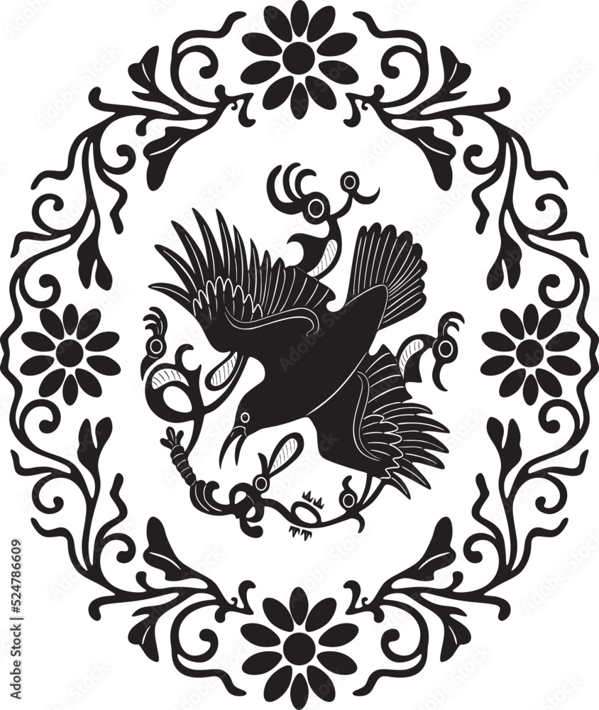 Obraz premium crow bird logo with floral frame