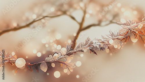Sparkles glitter on branches in a pattern. Light silver blur background Template for Christmas and New Year. Exquisite winter holiday decor Banner with silver glitter branches. 3D illustration.