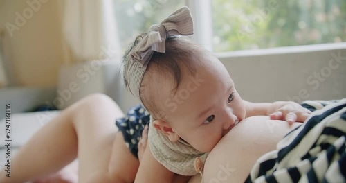 Close up portrait happiness people Asian family little baby girl sucking milk from mother, woman mom breastfeeding cute infant daughter care with love, motherhood childhood parenting kid at home