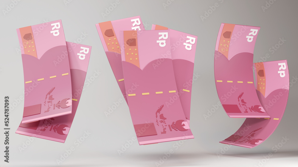 Money with Indonesian Rupiah 3d Render Illustration. Fly cartoon money ...