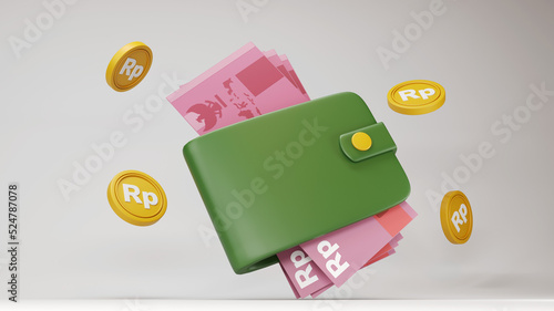 Bundle of rupiah cash wallet and floating coins.  3d render illustration on white background