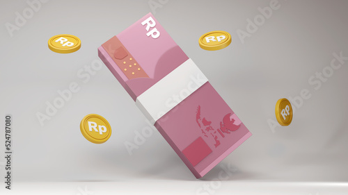 Bundles rupiah or Indonesian Currency cash and floating coins around on white bacground using 3d illustration style