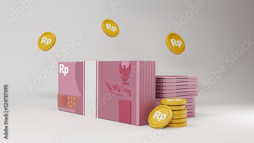 Bundles rupiah or Indonesian Currency cash and floating coins around on white bacground using 3d illustration style