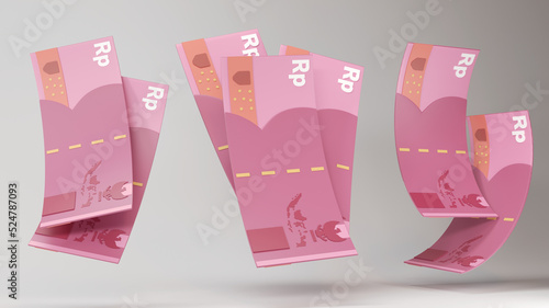 Money with Indonesian Rupiah 3d Render Illustration. Fly cartoon money isolated on white background.