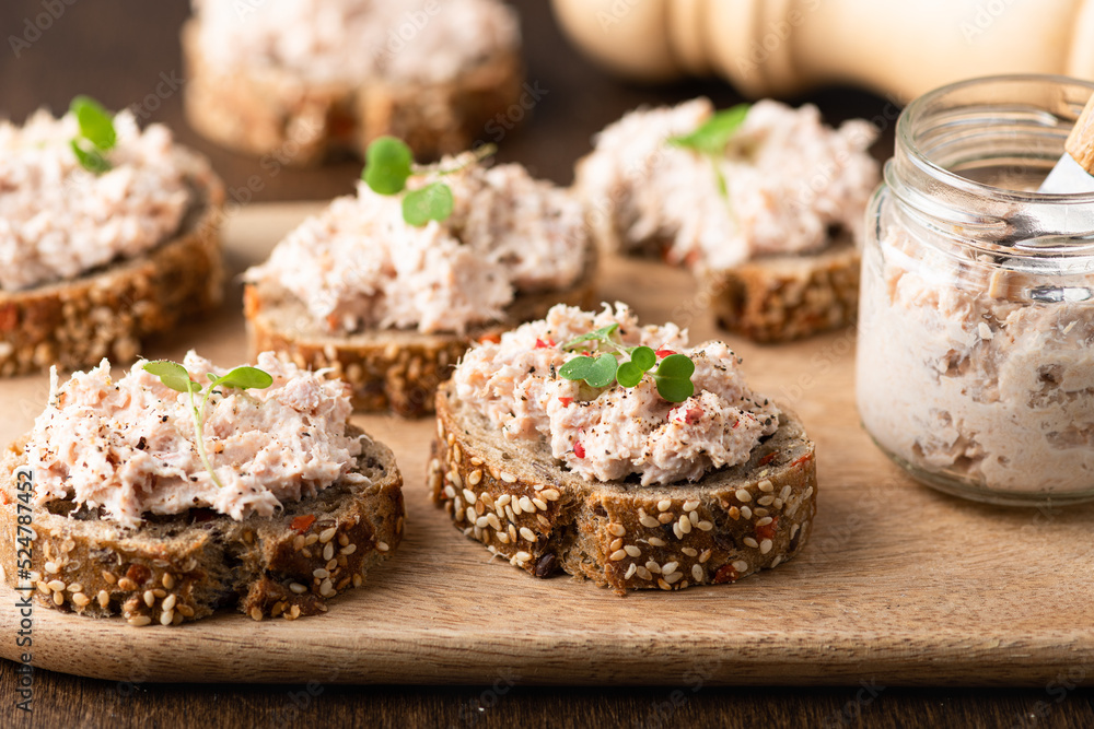 bruschetta with tuna pate, fish rillettes, selective focus bruschetta with tuna pate, fish rillettes, selective focus