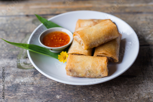 deep fried spring rolls, Por Pieer Tod or Fried spring rolls 
(Thai Spring Roll) Snacks and snacks that are popular with Thai and Chinese people