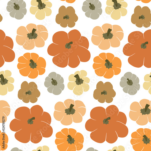 Cute vector seamless pattern background with top view pumpkins on white backdrop. Different various gourd in autumn warm color palette in simple hand drawn style. Fall wallpaper, texture, textile