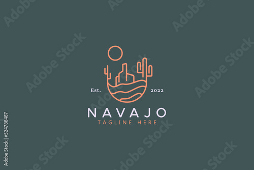 Desert American Landscape Logo Abstract Illustration. Cactus, Hill, Rock and Sun Sign Symbol.