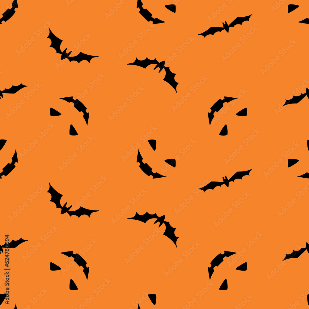 Seamless pattern with smiling faces of ghosts or Halloween pumpkins and bats on an orange  background. Vector illustration