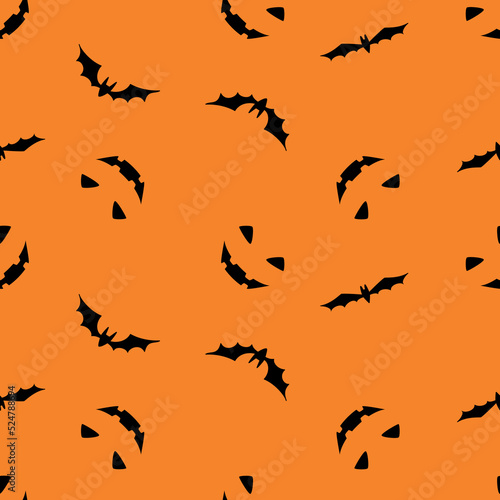 Seamless pattern with smiling faces of ghosts or Halloween pumpkins and bats on an orange background. Vector illustration
