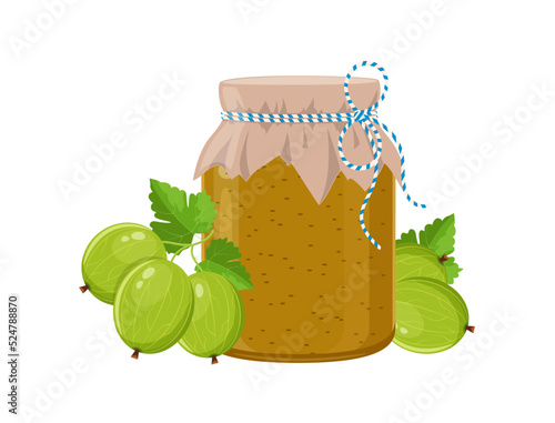 Gooseberry jam or confiture jar in rustic style, homemade fruit berry preserve, vector illustration on white background