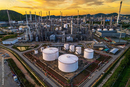 Crude oil refinery at sunset.