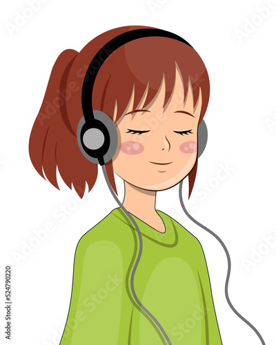 Young girl listening to music on headphones. Anime girl listening music with close eyes and smile. Ponytail With Bangs Hairstyle. Listen music vector illustration. Teenager enjoy music. 