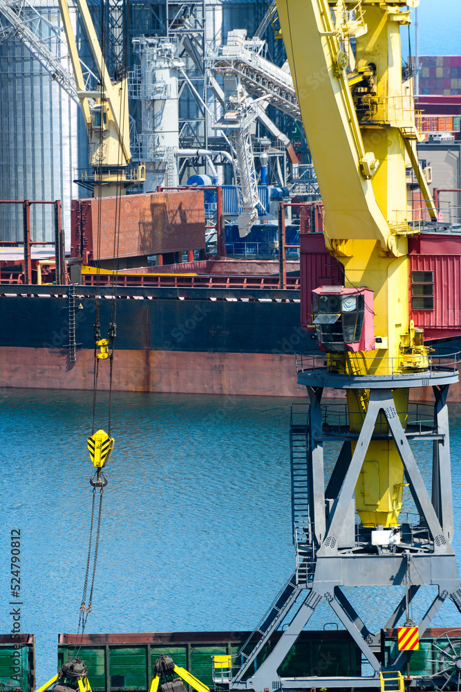 industrial seaport infrastructure, sea, cranes and dry cargo ship