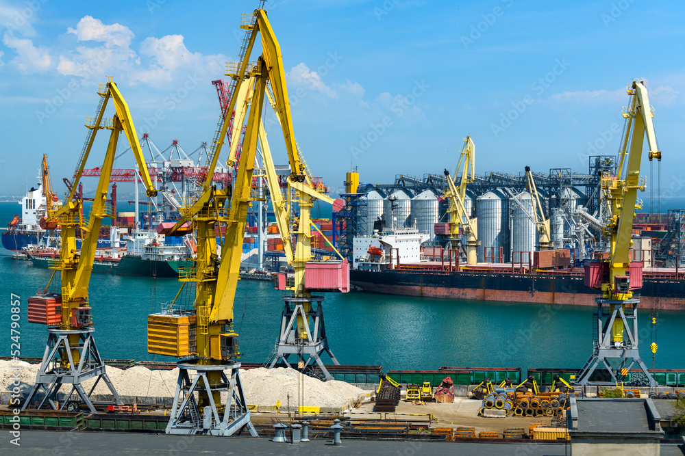 industrial seaport infrastructure, sea, cranes and dry cargo ship, grain silo, bulk carrier vessel and grain storage elevators, concept of sea cargo transportation