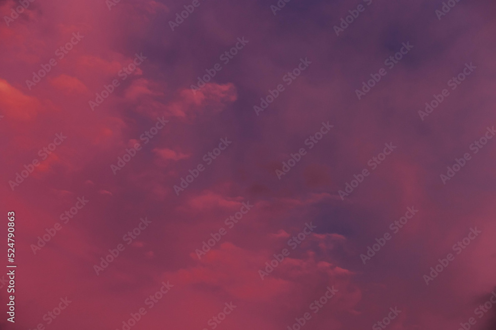 Cloudy pink-purple sunset, top view. Evening view. summer background