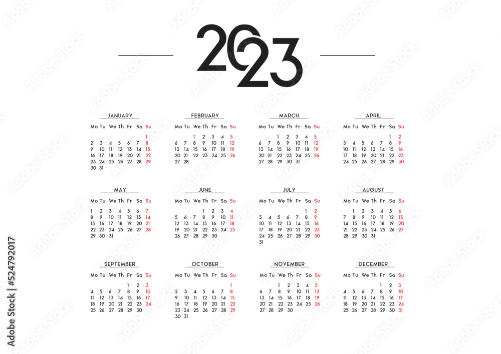 English Minimalist Calendar Year 2023 Vector Template Stock Vector ...