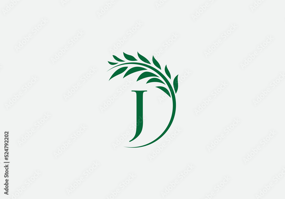 Green leaf and laurel wreath logo design vector with the letter and alphabet J