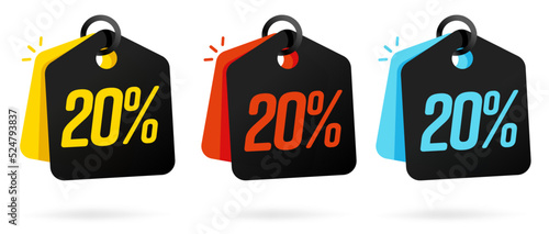 20 percent off sale black price tag vector set