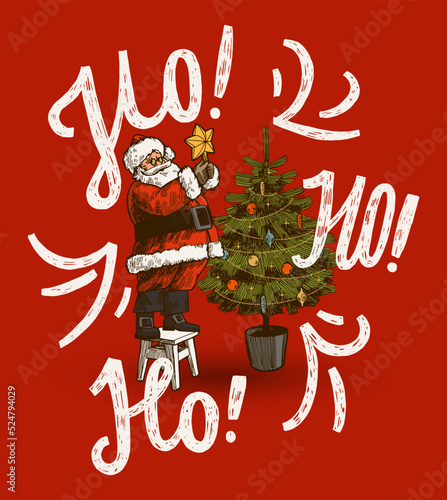 Santa Claus decorating the Christmas tree vintage Christmas card.
