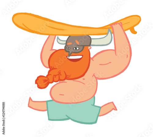 Viking surfer. Big man with beard and helmet running with a surfboard. Surfing character illustration isolated. © Handdraw
