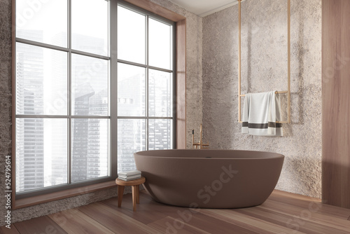 Wooden bathroom interior with bathtub  accessories and panoramic window