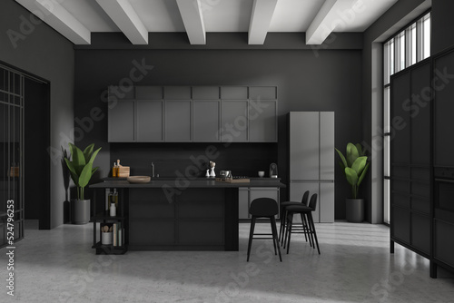 Grey kitchen interior with bar island and seats, shelves and kitchenware