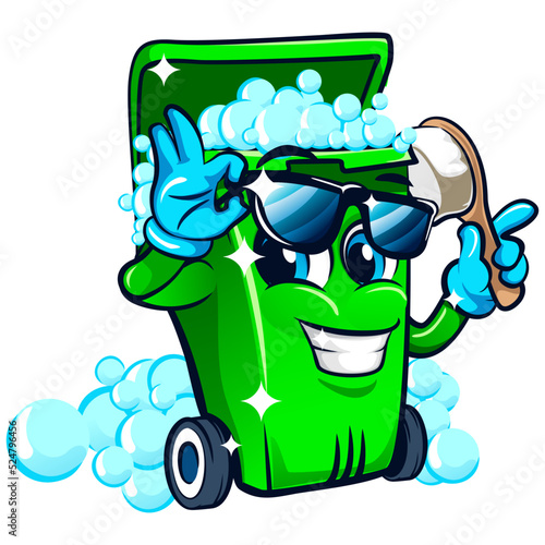 mascot character vector illustration of a trash bin cleaned with bubbles holding a cleaning brush and wearing sunglasses