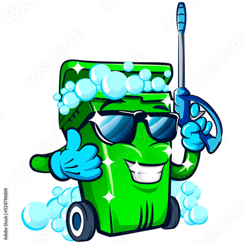 mascot character vector illustration of a trash bin cleaned with bubbles holding water spray