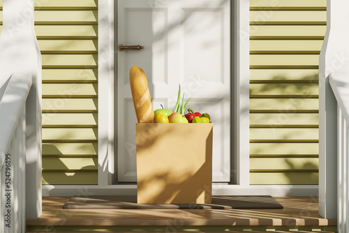 Принти на полотні Grocery shopping bag with fresh food, house doorstep. Mockup