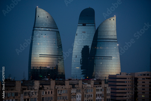 Beautiful evening sunset skyscrapers in Baku
