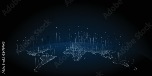 World map background illustration with futuristic communication technology. Use of Information and Interconnection. The concept of connecting people from different cities around the world.