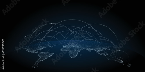 World map background illustration with futuristic communication technology. Use of Information and Interconnection. The concept of connecting people from different cities around the world.